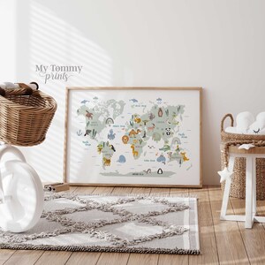 Illustrated kids world map print featuring continents, animals and oceans in soft colours, perfect for playroom or nursery decor.