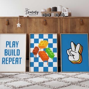 Colourful building block wall art print for boys playroom or bedroom