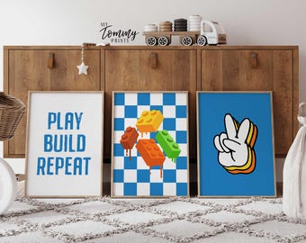 Building Block Wall Art Set: Playroom Prints, Colorful Boys Bedroom Decor