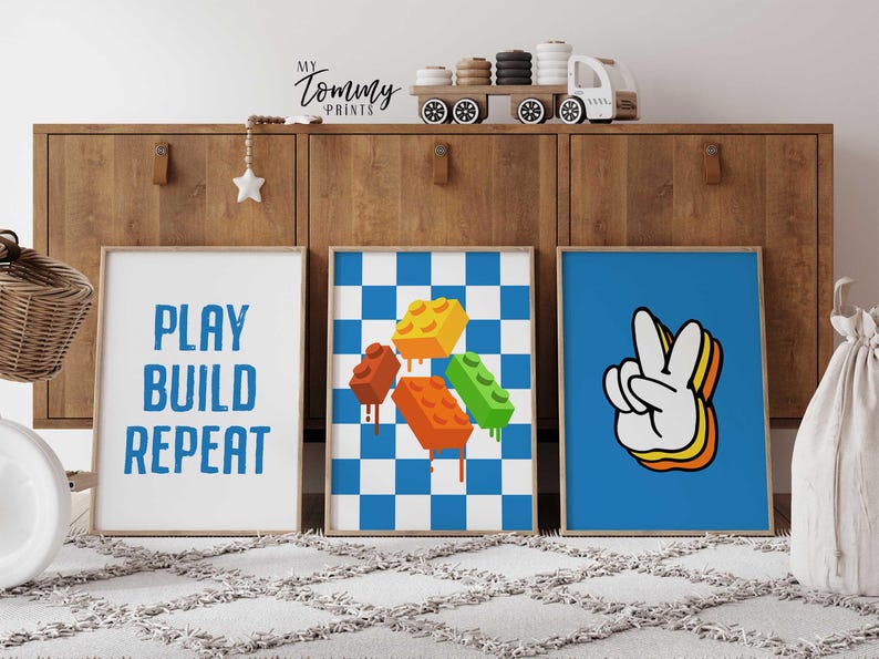 Colourful building block wall art print for boys playroom or bedroom