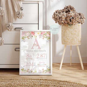 Personalisierter Blumen Geburtsdruck für Baby Mädchen, benutzerdefinierte Geburtsdaten Wandkunst, Kinderzimmer Dekor, Baby Namensmitteilung, Neugeborenen Mädchen Geschenk