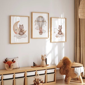Bären Poster Set, Heißluftballon Mond und Sterne, neutrale Kinderzimmer Wandkunst, Teddybären Prints