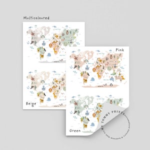 May include: Four different color variations of a world map print with animals and continents labeled. The colors are beige, green, pink, and multi-colored. The print is titled "My Tommy Prints" and is described as "Nursery & bedroom wall art, Personalised & Special".