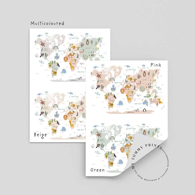 May include: Four different color variations of a world map print with animals and continents labeled. The colors are beige, green, pink, and multi-colored. The print is titled "My Tommy Prints" and is described as "Nursery & bedroom wall art, Personalised & Special".