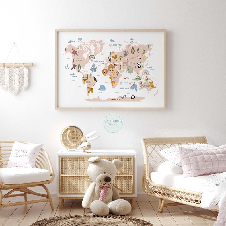 illustrated world map print for children’s educational spaces or bedrooms.