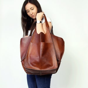 LARGE LEATHER Shoulder Bag Cognac Brown Oversized Tote - Large Leather Tote Bag, Weekender Bag, Everyday Slouchy Tote, BOLOGNA Bag