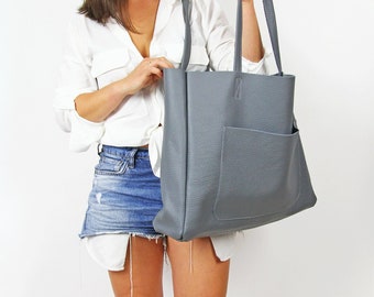 BLUE Gray LEATHER Shoulder Bag, Carry on bag, Full grain leather bag, Leather tote, XXL bag with Pocket Weekender Leather Tote Blue Gray