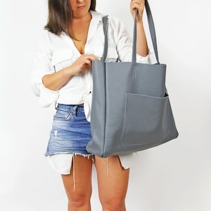 BLUE Gray LEATHER Shoulder Bag, Carry on bag, Full grain leather bag, Leather tote, XXL bag with Pocket Weekender Leather Tote Blue Gray