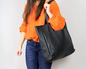 Large LEATHER SHOULDER Bag, Carry on bag, Full grain leather bag, Black tote, Extra large tote bag with Pocket Weekender Leather Tote