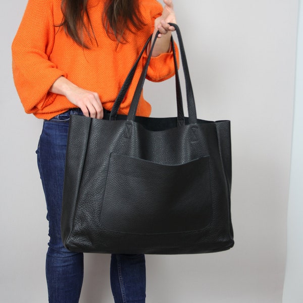 Oversized Tote Bag, Leather Tote Bag, Large Leather Bag, Large Leather Bag for Work, Leather Shoulder Bag, Black Bag Soft Leather Campus Bag