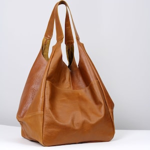 Extra Large Leather Tote with Pocket for Women,Tan Leather Bag, Light Brown Tote Bag, Camel Tote Bag, Top Grain Leather Bag, BOLOGNA Bag