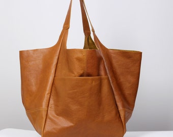 Sac fourre-tout surdimensionné, sac fourre-tout camel, sac en cuir brun, sac en cuir extra large avec poche pour sac à main en cuir pour femmes. Sac BOLOGNA