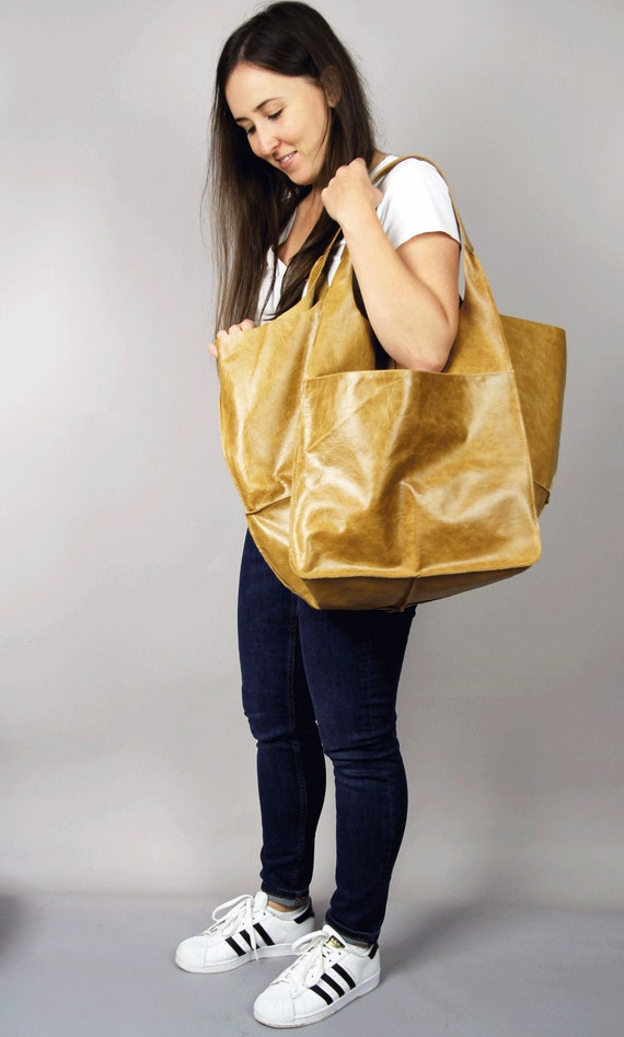 Large Tote Bag Mustard Leather Tote Bag Everyday Bag Women