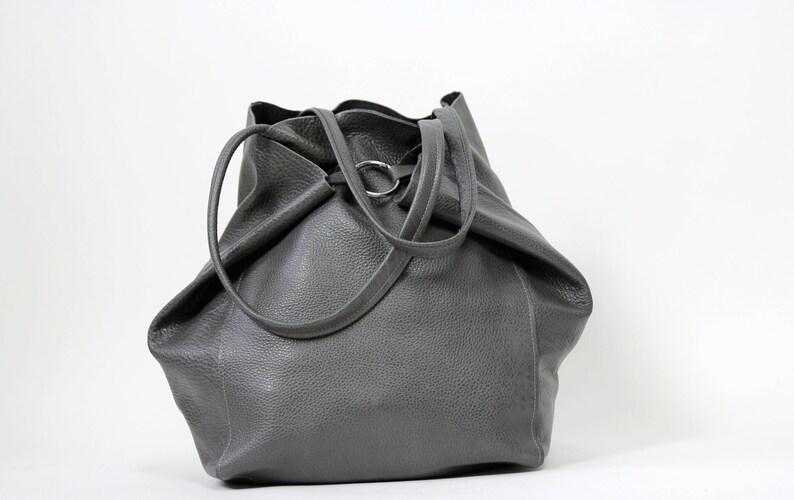 Gray Tote Bag Leather Shoulder Bag Grey Purse Bag Leather Tote Bag with Cosmetic bag Leather Work Bag Women Leather Tote Large Tote bag zdjęcie 4