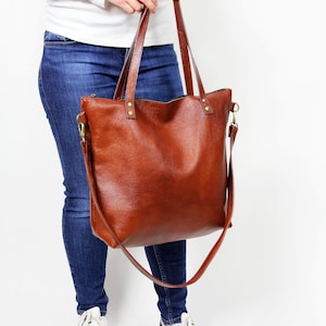 Leather Crossbody Purse, Cognac Brown Leather Tote Bag with Zipper, Leather Crossbody Bag, Leather Shoulder Bag, Leather Tote Purse