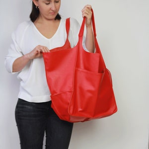 LARGE RED TOTE bag 29”x 15” - Extra large Leather Tote with Pocket for Women Leather Tote Slouchy Tote Bag Red Leather Handbag Oversized Bag