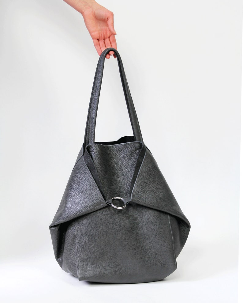 Gray Tote Bag Leather Shoulder Bag Grey Purse Bag Leather Tote Bag with Cosmetic bag Leather Work Bag Women Leather Tote Large Tote bag zdjęcie 8