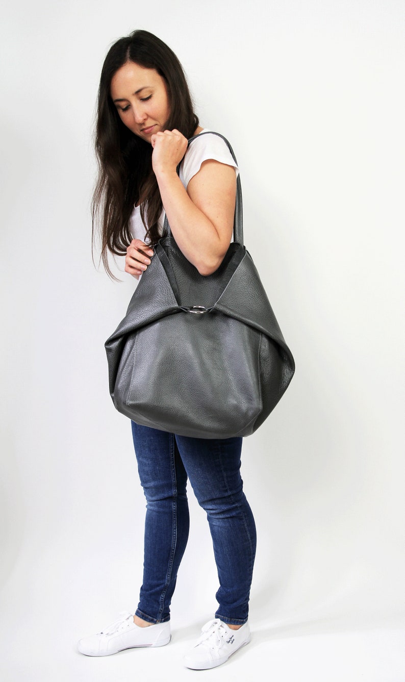 Gray Tote Bag Leather Shoulder Bag Grey Purse Bag Leather Tote Bag with Cosmetic bag Leather Work Bag Women Leather Tote Large Tote bag zdjęcie 7