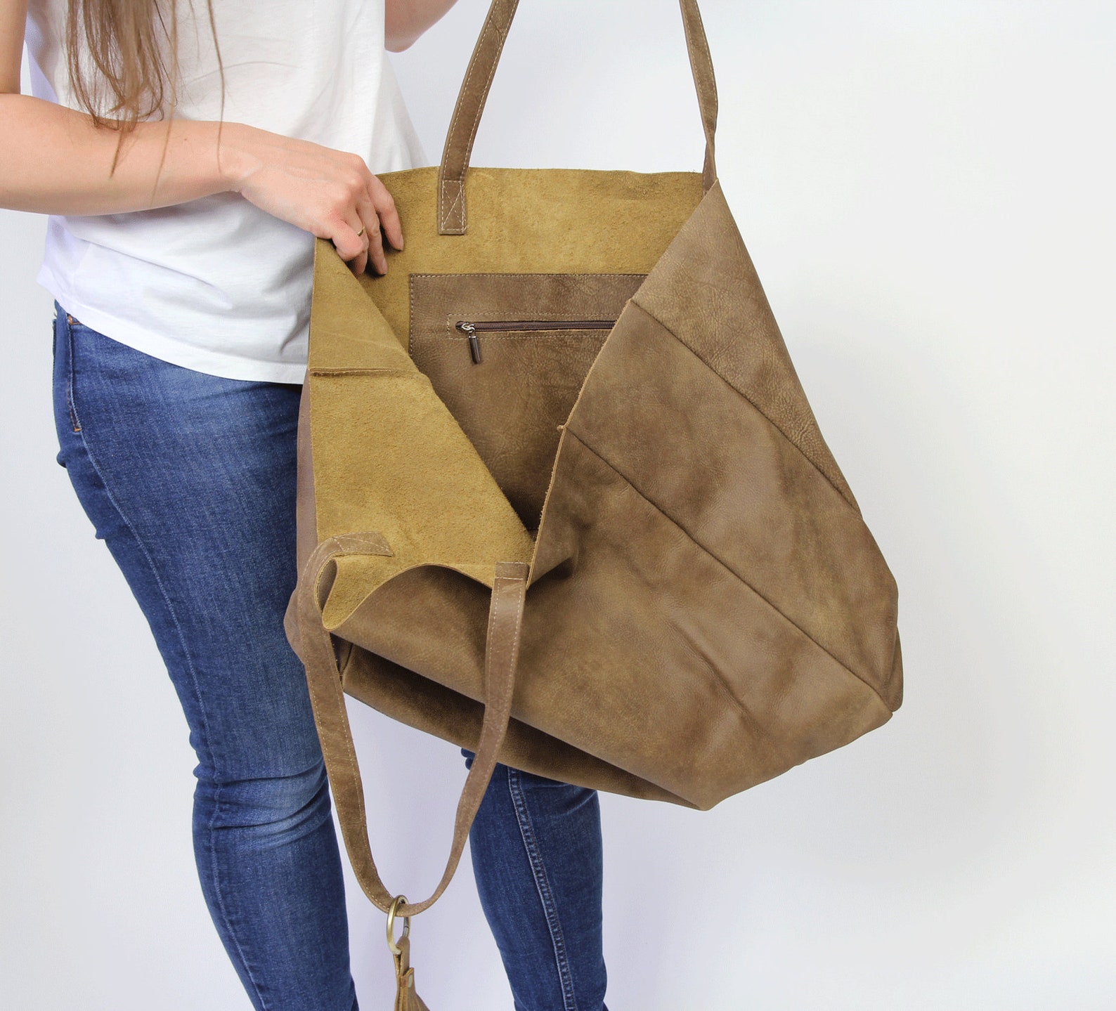 Large Tote Bag LEATHER SHOULDER Bag Carry on Bag Top Grain Etsy