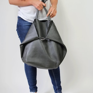 Gray Tote Bag Leather Shoulder Bag Grey Purse Bag Leather Tote Bag with Cosmetic bag Leather Work Bag Women Leather Tote Large Tote bag zdjęcie 1