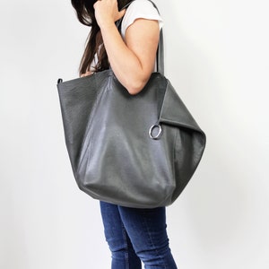 Gray Tote Bag Leather Shoulder Bag Grey Purse Bag Leather Tote Bag with Cosmetic bag Leather Work Bag Women Leather Tote Large Tote bag zdjęcie 6