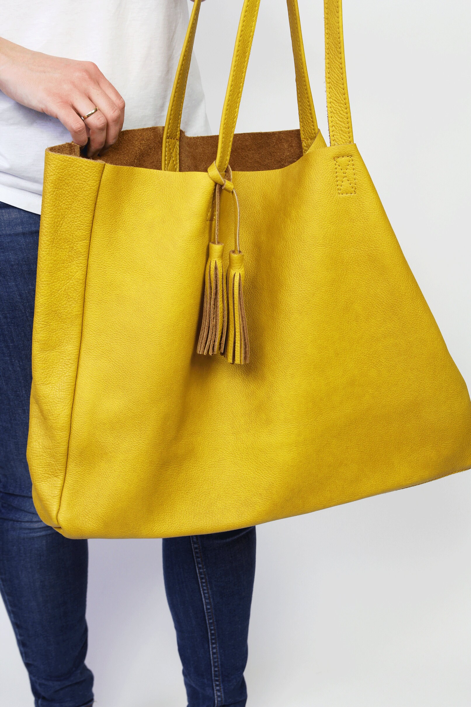 Oversized Shoulder Bag Large Tote Bag Yellow Leather Shoulder Etsy