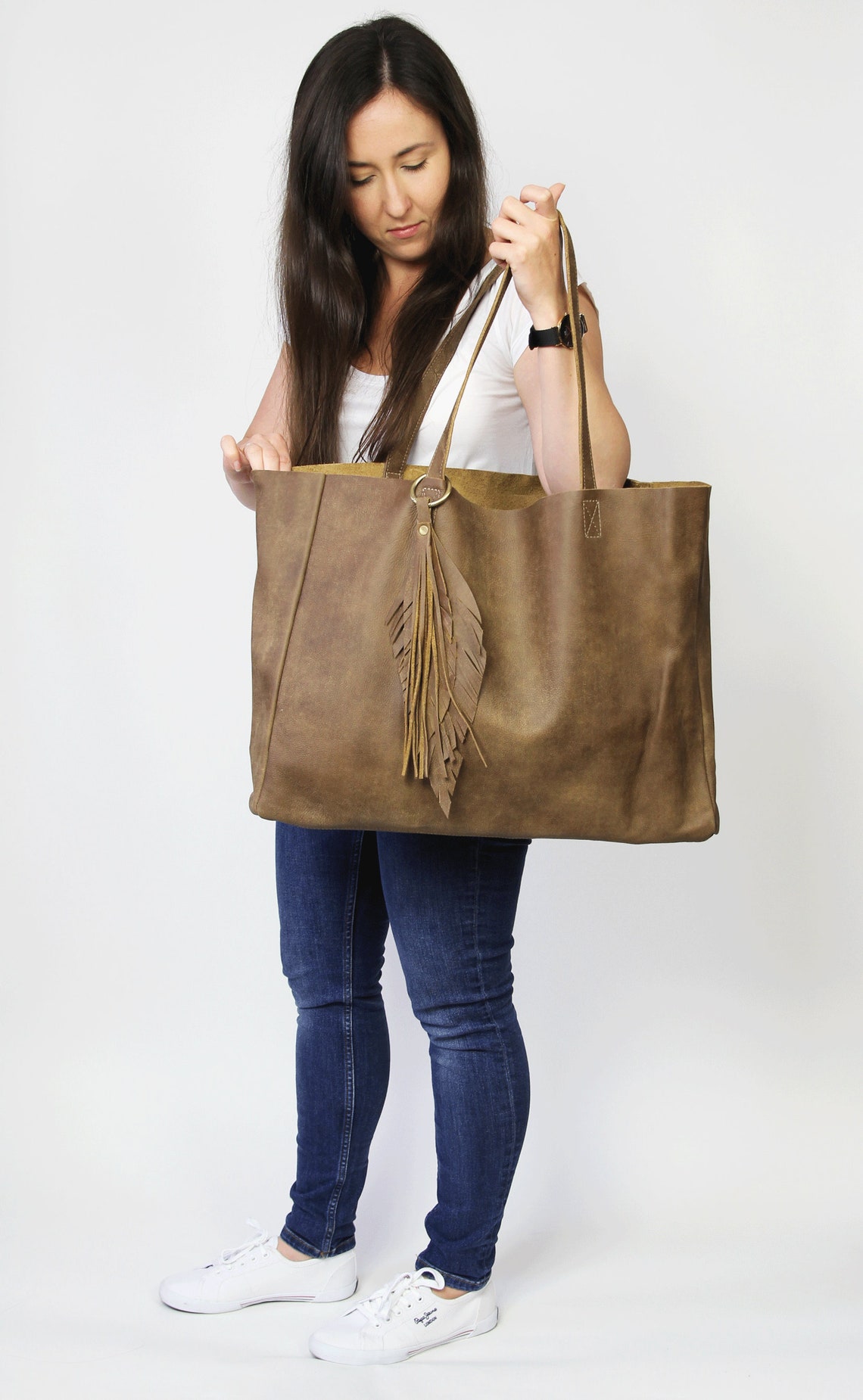 Large Tote Bag LEATHER SHOULDER Bag Carry on Bag Top Grain Etsy
