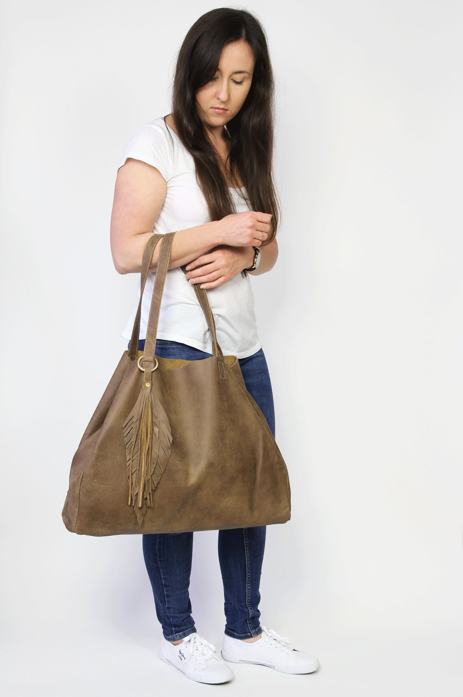 Large Tote Bag LEATHER SHOULDER Bag Carry on Bag Top Grain Etsy