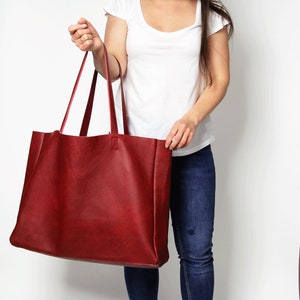 Large Work Bag, LEATHER SHOULDER Bag, Leather Tote Bag, Red Leather Purse, Full grain leather bag, Soft Leather tote, Weekender Bag
