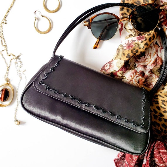 Vintage 1990s Beaded Black Satin Mini Purse