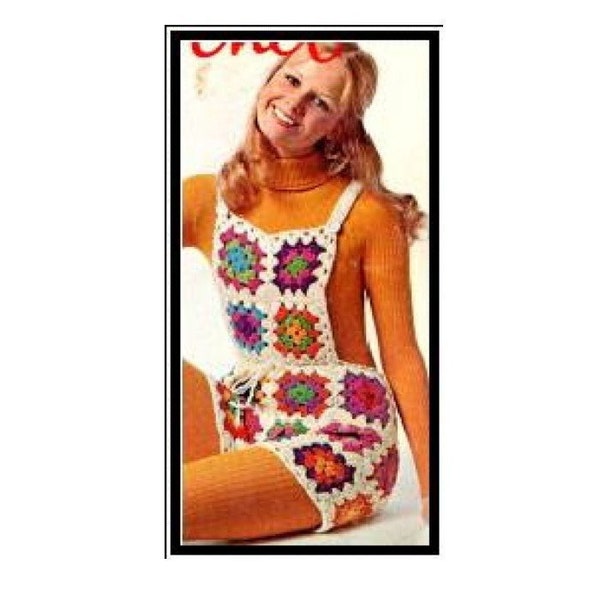 1970s Granny Square Shortalls Crochet Pattern   Shorts Overalls Boho Hot Pants Crochet Pattern PDF Instant Download