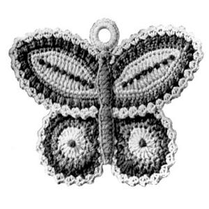 May include: A crocheted butterfly pot holder with a loop for hanging. The butterfly is made with white and gray yarn and has a detailed design.