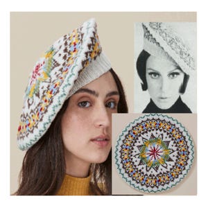 May include: A white beret with a colourful floral pattern. The beret is made of knitted wool and has a soft, comfortable feel.