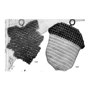 May include: Two crocheted pot holders, one shaped like an acorn and the other a leaf. The acorn pot holder is white and black, while the leaf pot holder is black. Both have a loop for hanging.
