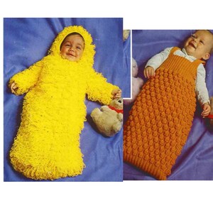 May include: Two crocheted baby sleeping bags. One is yellow with a hood and the other is orange with a textured pattern.
