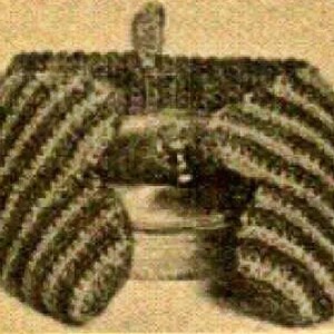 May include: A pair of thick, crocheted mittens featuring a textured, ribbed pattern with alternating horizontal stripes of dark brown and light tan yarn. The mittens have a rounded shape with a distinct thumb section and a wide, fitted cuff opening.