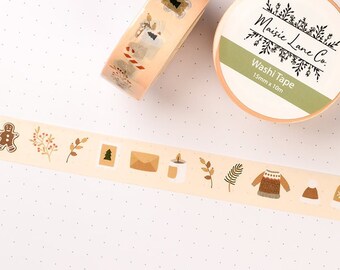 Cozy Winter Washi Tape for Bullet Journal Planner, 15mm, Sweater, Letters, Leaves, Gingerbread, Holiday, Mail, Stamp, Candle, Hat