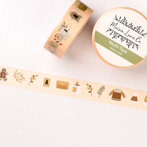 Cozy Winter Washi Tape for Bullet Journal Planner, 15mm, Sweater, Letters, Leaves, Gingerbread, Holiday, Mail, Stamp, Candle, Hat