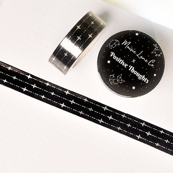 Across the Universe Silver Foil Washi Tape, Stars, Black and Silver, 15mm, Washi Tape Foil Black, Cross and Lines Washi Tape