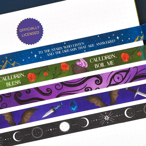 ACOTAR 5-Pack Washi Tape Set, LICENSED A Court of Thorns and Roses, Feyre Rhys Bargain Velaris Bat Boys Tattoo Cauldron Bless, Bujo Planner