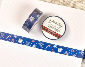 Hot Cocoa and Candy Cane Washi Tape, Blue Snow Christmas Holiday Washi Tape, 15mm for Bullet Journal Planner