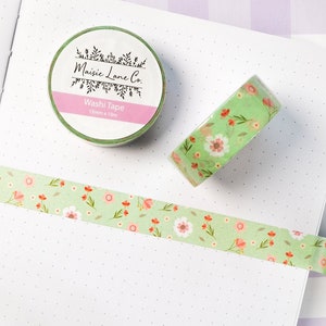 Spring Garden Washi Tape, Floral Washi Tape, Flowers, 15mm Bullet journal, Bujo, Planner Accessories, Green Pink