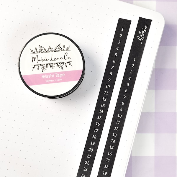 Numbered Washi Tape, Black and White Washi, Vertical Calendar Washi Tape Bullet Journal Planner 10mm