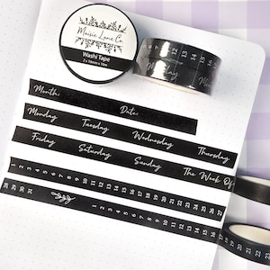 2-PACK Calendar Washi Tape, Numbered and Days of The Week, Black and White Washi, Vertical Calendar Washi Tape Bullet Journal Planner 10mm
