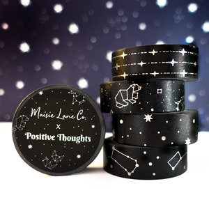 4-Pack Silver Foil Galaxy Washi Tape, Animal Constellation, Stars, Black and Silver, Across the Universe, Starburst, 15mm,