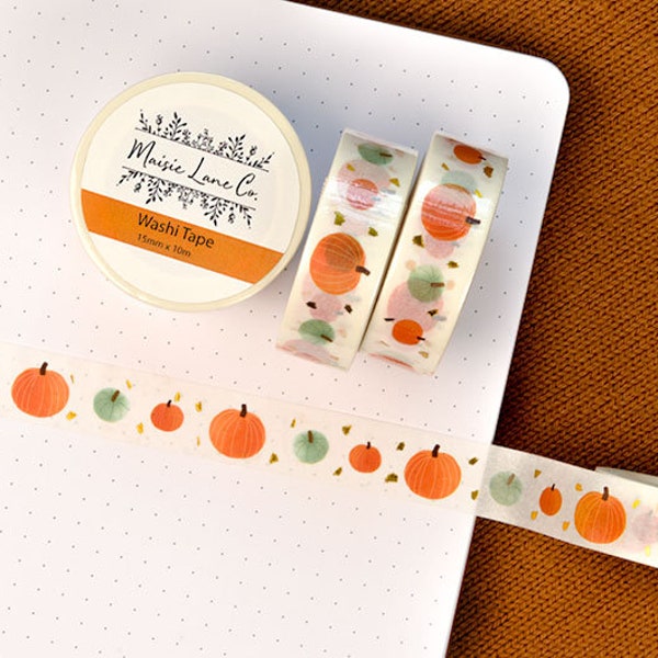 Gold Foil Pumpkin Washi Tape, Fall Washi Tape, Autumn Washi Tape, 15mm