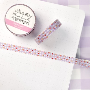 Strawberry Rose Purple Gingham Washi Tape, 10mm thin skinny washi tape, Spring washi tape, Floral washi tape, pretty