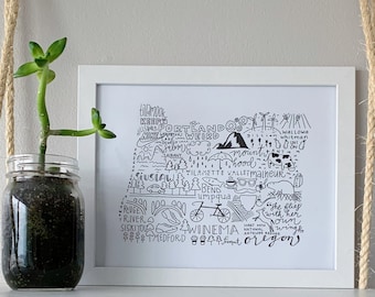 OREGON typography word & icon map print - wall decor, gift, art