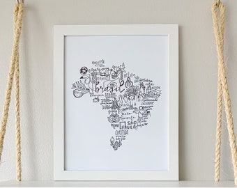 BRAZIL (Brasil) typography word & icon map print - wall decor, gift, art