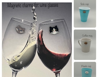 Set of 5 Cat Magnetic Charms for wine glasses, solo cups, plastic cups, and coffee mugs